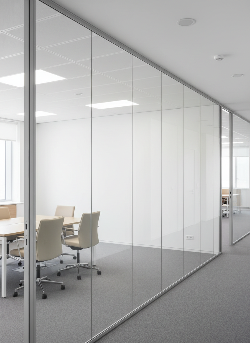 A sleek glass office partition stretching across a modern corporate interior, its surface perfectly polished and free of any imperfections. The glass panels, secured in slim brushed-metal profiles, subtly reflect minimalist white walls and neutral-toned furniture. Low-pile gray carpet and a distant glass door complete the environment. Bright but diffused ceiling lighting evenly illuminates the scene, creating clean highlights along the glass edges without overwhelming glare. Shot from a slightly elevated angle down the corridor, with strong linear perspective leading through multiple transparent sections. The atmosphere is orderly, professional, and high-end, emphasizing the role of expert glass polishing and cleaning in premium business spaces, rendered in crisp photographic realism.