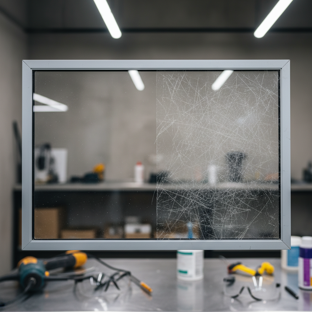 A close-up macro view of a glass windowpane where half the surface has been expertly polished and the other half remains scratched and hazy. The polished side appears crystal clear, with sharp, undistorted reflections of a neutral interior, while the unpolished side shows visible fine scratches and dullness. The pane is mounted in a simple light gray frame in a clean workshop setting, with blurred tools and equipment in the background. Cool studio lighting from above and the side accentuates the contrast in texture and clarity. Captured with a shallow depth of field and centered composition, the image conveys precision, transformation, and professional restoration in a highly realistic photographic style.