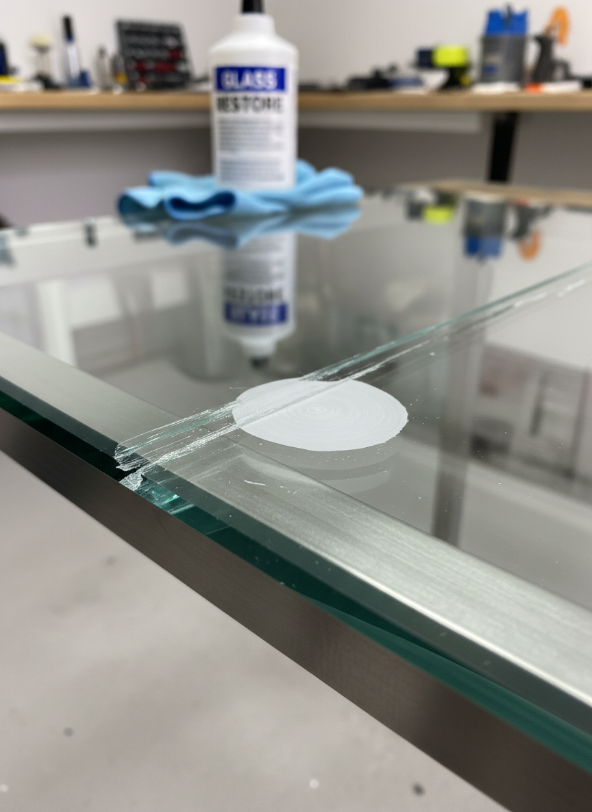 A detailed close-up of a deep scratch being removed from a thick glass tabletop, showing the edge of the glass with its greenish tint and polished bevel. The scratch appears partially faded where a circular area has been carefully treated, leaving a glossy, uniform finish. The table rests on a simple metal frame in a tidy workshop or service studio. A folded microfiber cloth and a labeled polishing compound bottle sit nearby, softly blurred. Directional studio lighting from the side creates defined reflections along the scratch and the newly restored area, emphasizing the improvement. Shot at a low, side-on angle with tight framing, the mood is meticulous and technical, highlighting specialized scratch removal in realistic, high-resolution photographic detail.