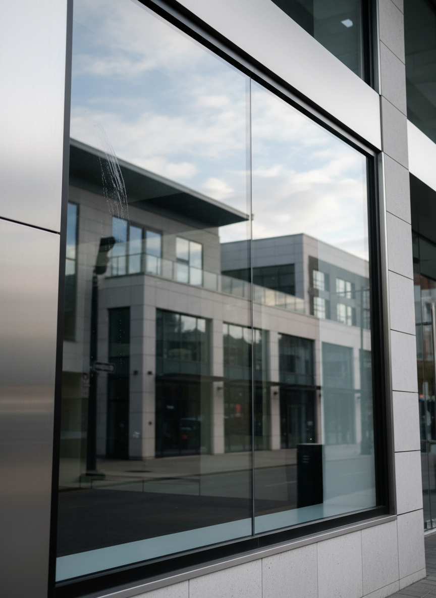 A large, flawless glass storefront panel freshly polished to a mirror-like clarity, occupying most of the frame. The surface is so clean that it crisply reflects nearby buildings and a pale blue sky, with only a subtle diagonal streak of water still drying near one corner. The glass is set within a minimal dark aluminum frame on a modern commercial facade. Soft overcast daylight creates even, reflection-rich lighting without harsh glare, emphasizing the uniform shine. Shot at eye level with a slight angle to reveal depth and thickness of the glass, background gently blurred. The mood is professional, precise, and impeccably clean, in a photographic realism style that highlights the quality of glass polishing services.