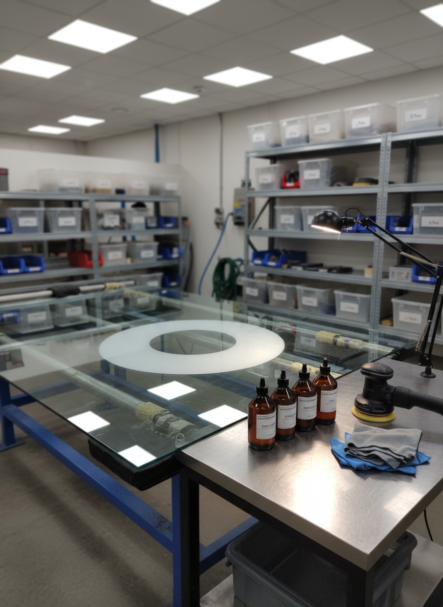 An industrial glass polishing workstation in a dedicated workshop, featuring a large horizontal glass sheet resting on cushioned supports. The sheet shows faint, partially removed scratches, with a polished, glossy section near the center catching the light. Nearby, neatly arranged bottles of professional polishing compounds, microfiber cloths, and a compact polishing machine rest on a clean metal table. The background reveals shelves with labeled supplies and neatly coiled cables, slightly out of focus. Neutral overhead LED lighting and a focused side lamp create controlled reflections and highlight the glass texture. Captured at a three-quarter angle with medium depth of field, the image communicates technical expertise, order, and reliability in a realistic, professional photographic style.
