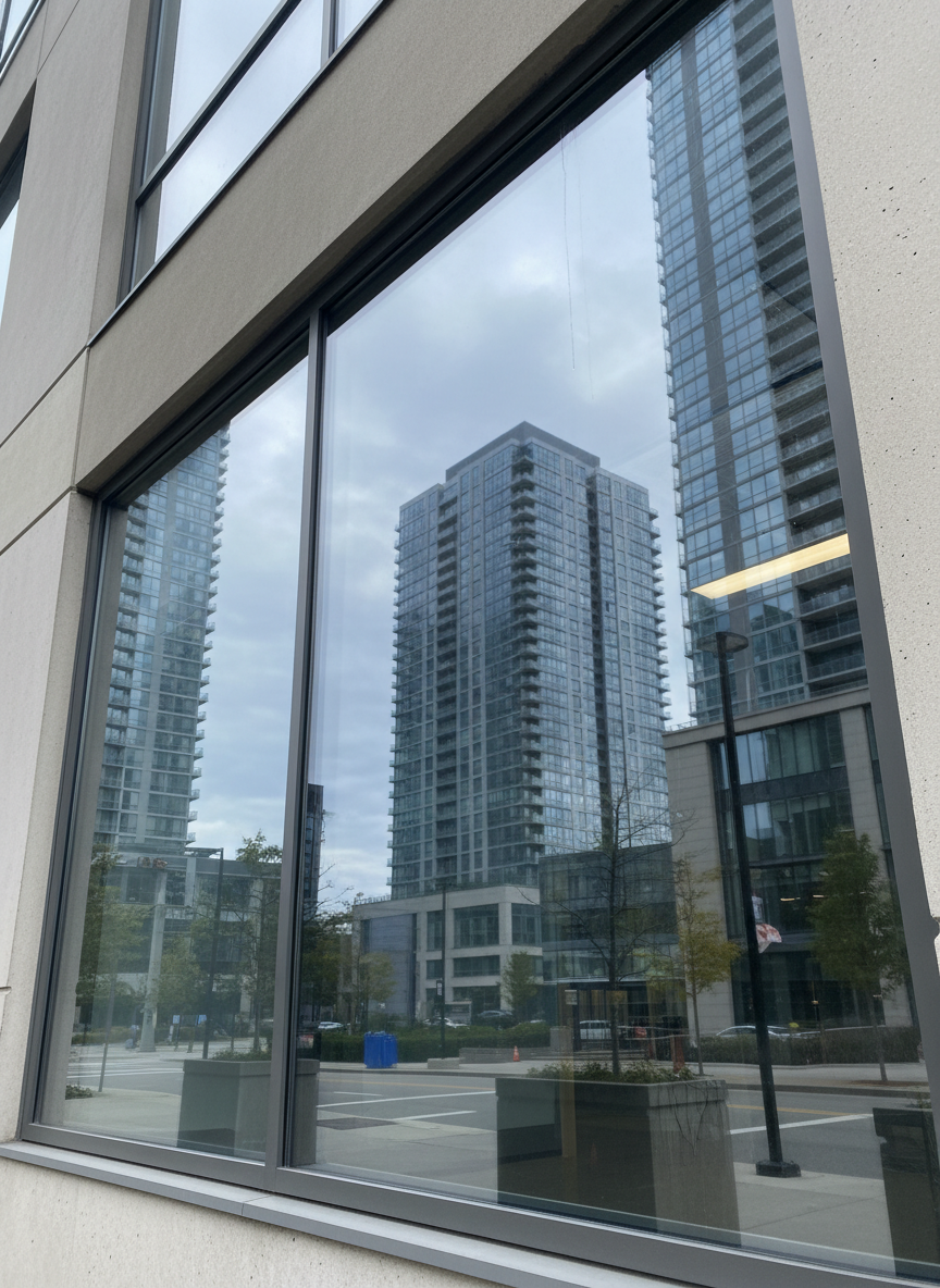 A large, flawless glass storefront panel freshly polished to a mirror-like clarity, occupying most of the frame. The surface is so clean that it crisply reflects nearby buildings and a pale blue sky, with only a subtle diagonal streak of water still drying near one corner. The glass is set within a minimal dark aluminum frame on a modern commercial facade. Soft overcast daylight creates even, reflection-rich lighting without harsh glare, emphasizing the uniform shine. Shot at eye level with a slight angle to reveal depth and thickness of the glass, background gently blurred. The mood is professional, precise, and impeccably clean, in a photographic realism style that highlights the quality of glass polishing services.